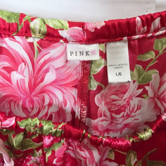 Victoria’s Secret PINK Pajama Set Women’s L Red Floral Satin Ribbon Trim Cozy - Picture 10 of 13